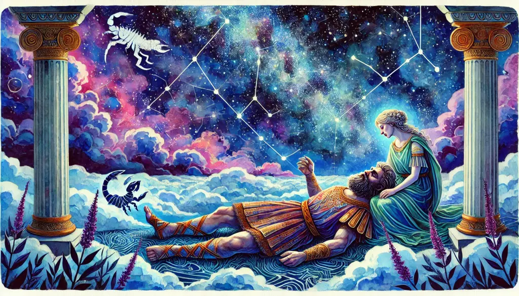 毒を受け倒れたオリオンと、そばで悲しむアルテミスを描いた水彩イラスト。夜空には星が浮かび上がる。
