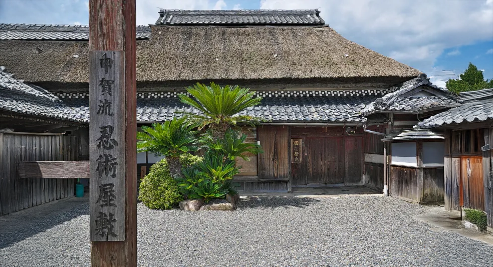滋賀県甲賀市にある甲賀流忍術屋敷の外観。茅葺き屋根の伝統的な建物と庭、木製の「甲賀流 忍術屋敷」と書かれた看板が見える
